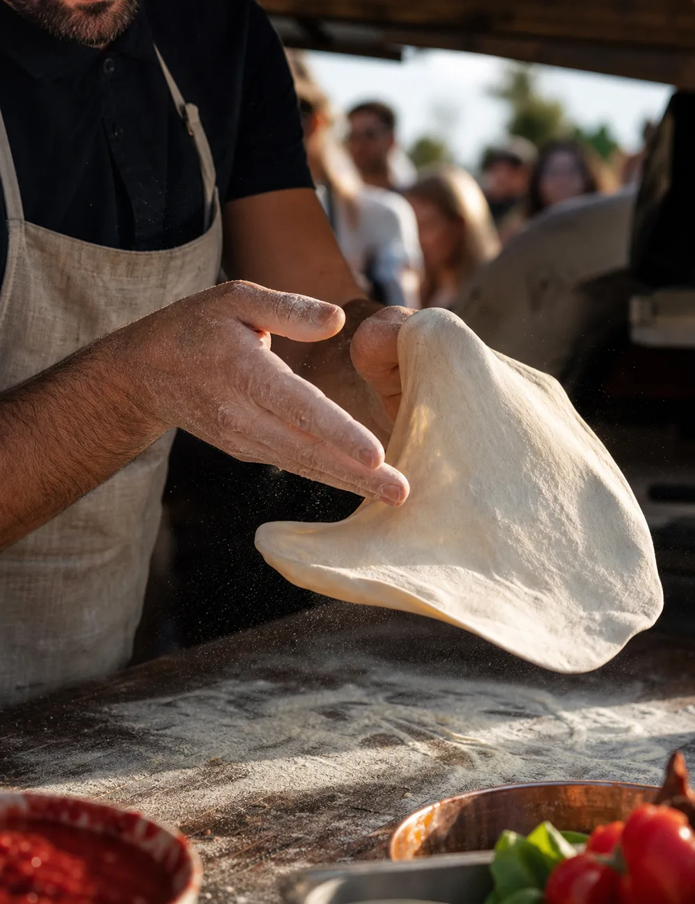 Pizzaiolo che lavora l’impasto a mano