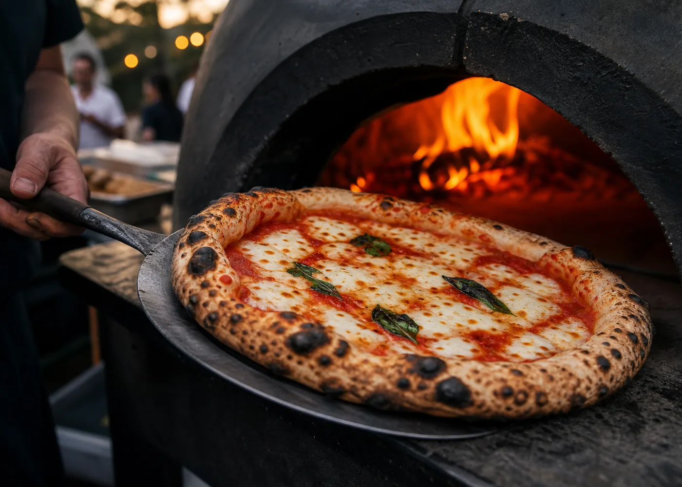 Pizza napoletana davanti alla fiamma del forno